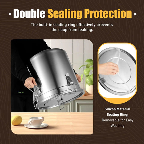 Big Beefy Stainless Steel Airtight Food Storage Bucket With Heavy Duty Locking Clamps shown with sealing ring and clamps.