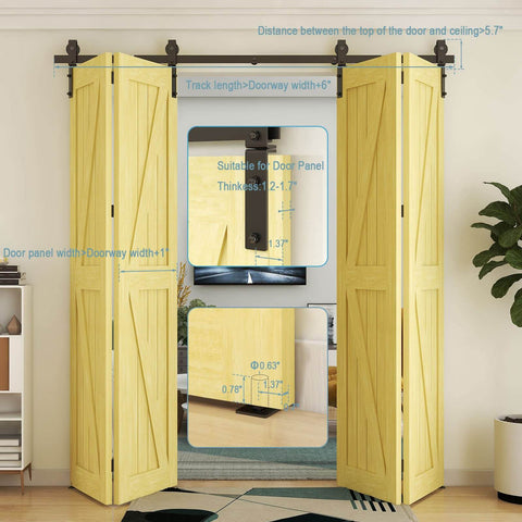 Beefed Up 96 Inch Bi Folding Sliding Barn Door Hardware Kit For Four Doors Up To 23 Inches Wide Each Heavy Duty 8 Foot Track System