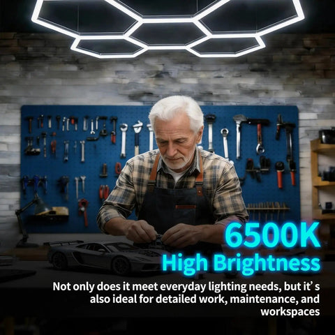 Beast Bright Hexagon LED Garage Light Kit 168W 16,800 Lumens 6500K Daylight White installed in workshop ceiling