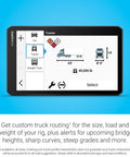 OTR720 7 Inch Truck GPS Navigator with custom hauler routing display, showing truck dimensions and weights.