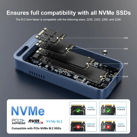 Premium 80Gbps M.2 Nvme Enclosure Featuring Active Cooling Fan And Thunderbolt 5 Usb4 V2.0 Support, detailing M.2 NVMe compatibility.