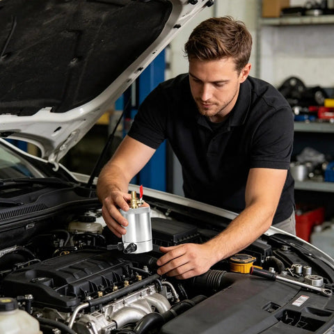 Man installing a Heavy Duty Dual Port Oil Catch Can For Engine Performance on vehicle engine bay.