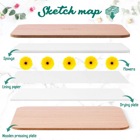 Illustration of Professional Flower Press Kit With Six Layers And A 6.3 By 8.3 Inch Pressing Area showing wooden and paper layers.