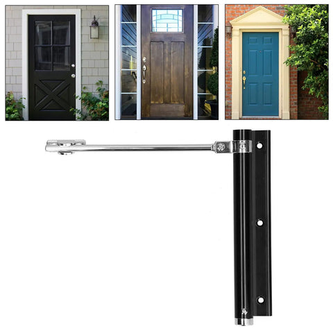 Spring Door Closer Stainless Steel Quiet Soft Close next to three different door styles for home and hotel use