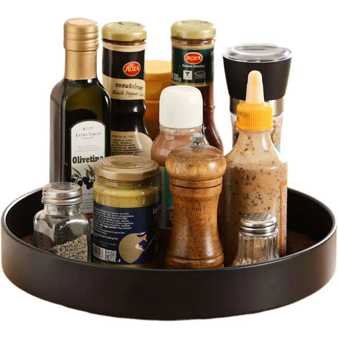 Non Slip Rotating Lazy Susan Turntable 360 Degree Swivel With Grippy Textured Surface Black 10 Inch with condiments