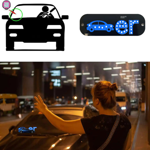 Blue LED Car Light Sign With USB Type-C Touch Control And Suction Cup Mount displayed inside a car window at night