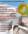 RV Water Heater Drain Cap Kit X2 with Gaskets and Teflon Tape usage instructions displayed over PTFE tape roll