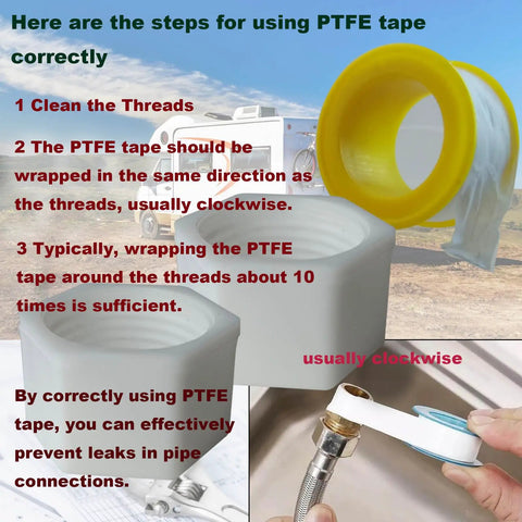 RV Water Heater Drain Cap Kit X2 with Gaskets and Teflon Tape usage instructions displayed over PTFE tape roll