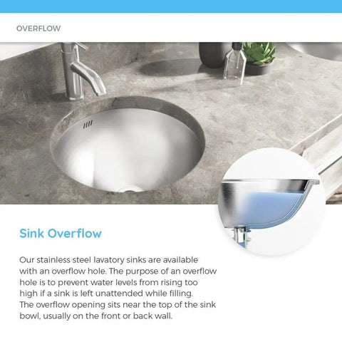 Round stainless steel sink with overflow feature, brushed-satin finish, shown in contemporary bathroom, 420 Dual-Mount Stainless Steel Lavatory Sink, 16-1/4 Inch, Brushed-Satin Finish, Scratch-Resistant 304-Grade, Heavy-Duty 18-Gauge Dope Bathroom Fixture Built For Everyday Use In A Contemporary Bathroom Setting.