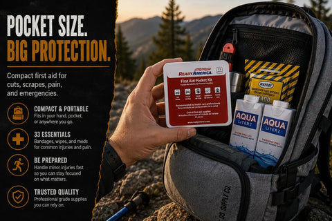 Person holding first aid kit with Two Person Premium 72 Hour Grab-and-Go Emergency Survival Kit with food, water, and gear.