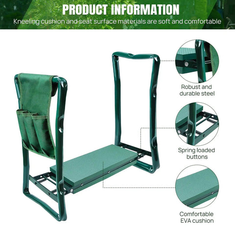Foldable Garden Kneeler Seat With Handles And Tool Bags, featuring EVA foam padded bench and robust steel frame in side view.