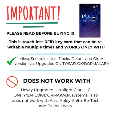Important note for touchless RFID key cards compatibility and non-compatibility details.