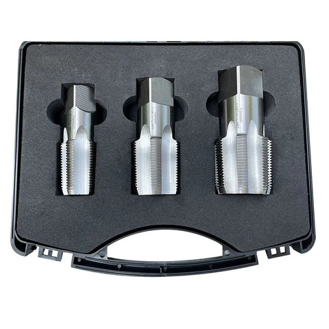 Rugged NPT Pipe Tap Set In Carbon Steel For Right Hand Threads Includes One Inch 11.5 TPI, One And A Quarter Inch 11.5 TPI, And One And A Half Inch 11.5 TPI Taps Built To Clear And Repair Pipe Threads Fast In Home Shops And Job Sites