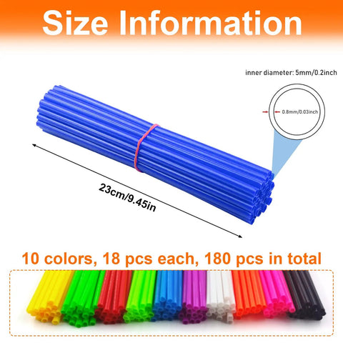 180 Pcs Spoke Skins And Covers In 10 Dope Color Mix for Bikes, showing size and bundle of blue skins.