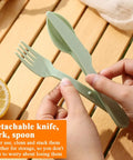 Person holding green All In One 6-Piece Camping Mess Kit with cup plate bowl fork spoon knife and carry bag for travel picnic.