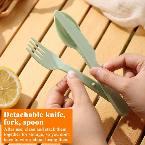 Person holding green All In One 6-Piece Camping Mess Kit with cup plate bowl fork spoon knife and carry bag for travel picnic.