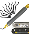 Front view of YESCOO deburring tool with 10 high-speed steel swivel blades and carrying case
