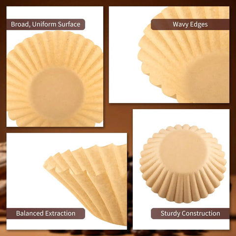 Heavy Duty Unbleached Paper Coffee Filters 100 Count Disposable Basket Style Brew Bags, showcasing sturdy construction and wavy edges.
