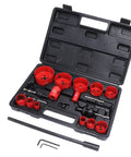 Fafeicy 21 Pc Hss Hole Saw Kit With Fast Cutting Wood Metal Plastic Plasterboard Set Includes Twisting Drill Bit Thread Converter And Hex Wrench For Home Projects open case with red hole saws and drill bits