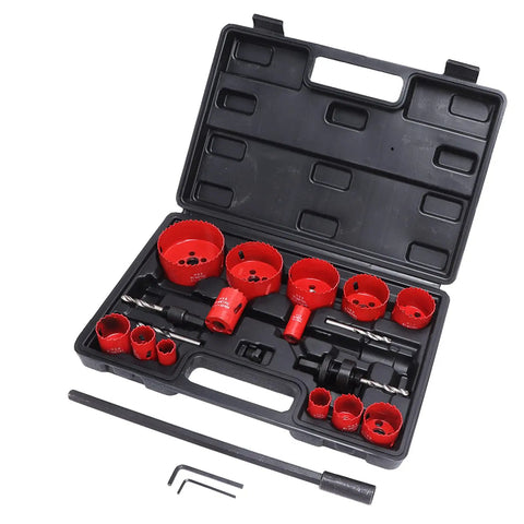 Fafeicy 21 Pc Hss Hole Saw Kit With Fast Cutting Wood Metal Plastic Plasterboard Set Includes Twisting Drill Bit Thread Converter And Hex Wrench For Home Projects open case with red hole saws and drill bits