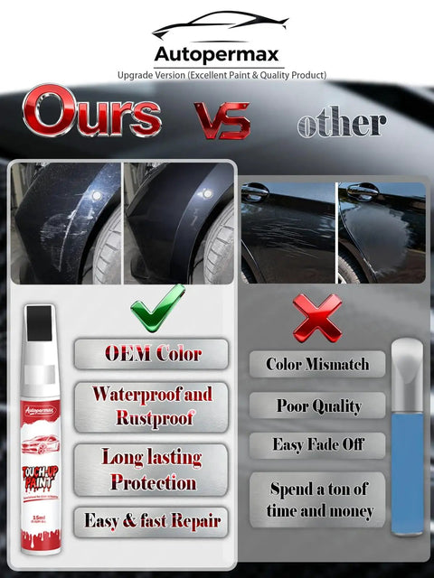 Comparison of Autopermax touch-up paint and competitors with features like color match, waterproof, and easy repair.