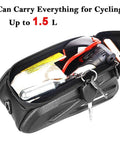 Open bike frame bag with touchscreen phone holder holding a phone, keys, tools, large capacity for road and mountain bikes.