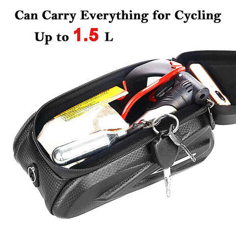 Open bike frame bag with touchscreen phone holder holding a phone, keys, tools, large capacity for road and mountain bikes.