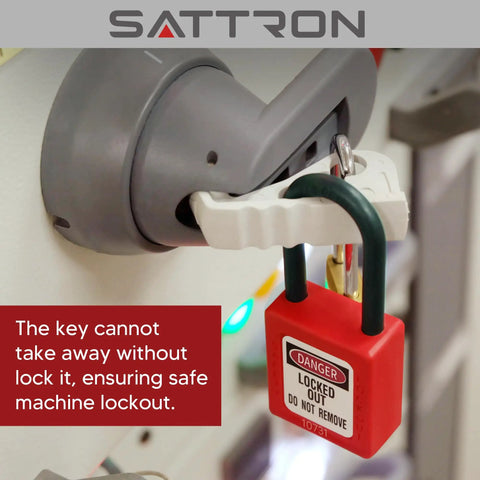 Pro Grade Lockout Tagout Padlock Kit Five Pack With Two Keys Each And Warning Labels And OSHA Compliant LOTO Locks Made From Non Conductive Nylon For Electrical And Mechanical Equipment Lockouts Easy To Spot In Any Shop installed on device