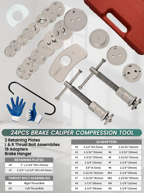 24 Piece Heavy Duty Brake Caliper Compression Tool Set with Thrust Bolts, Disc Adapters, C Hanger, Gloves, and Storage Case