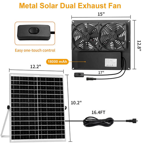 Solar Dual Vent Fan With Battery For Day And Night Use, No Brainer 25W Solar Exhaust Fan With 18000mAh Backup, Outdoor Waterproof Solar Powered Ventilation For Chicken Coops, Greenhouses, Sheds, Pet Houses And More