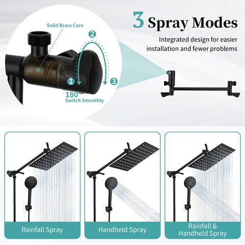 Diagram showing features of High Pressure Rain Shower Head With Handheld Spray, 10 Inch Shower Head With 11 Inch Extension Arm