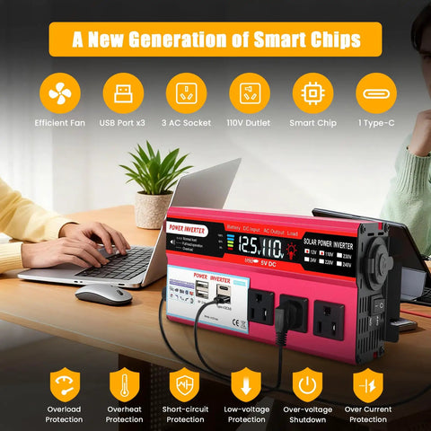 Heavy Duty 1000W Car Power Inverter That Converts 12V DC To 110V AC Smoothly with three AC sockets and USB ports