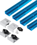 Double Cut Profile Universal T Track Kit With Bi Directional Short Stops Four 48 Inch T Tracks And Four Stop Blocks For Woodworking Jigs And Fixtures Sanding And Routing Pro Grade Easy Install, blue aluminum tracks