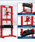 12 Ton Hydraulic Shop Press H Frame Floor Press For Auto Body, Metalworking And DIY Projects, Industrial Grade Stability With Reinforced Carbon Steel Frame, Powder Coated Finish, Heavy Duty Bench And Floor Mount, 6-ton red H-frame press with adjustable height and movable plate