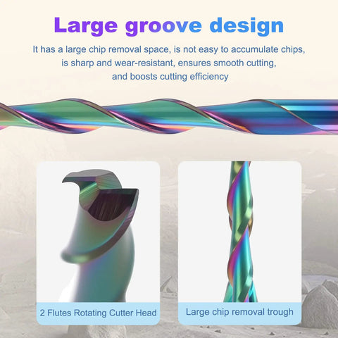 Close-up of Ten Piece One Eighth Inch Shank Up Cut Router Bits Two Flute Spiral Carbide End Mills With DLC Coating with large groove design.