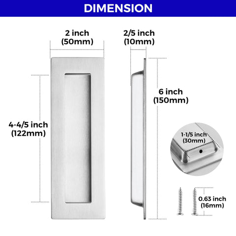 Dimensions of 2 Pack Pocket Door Handles For Sliding Closet Doors, Five Point Nine Inch Flush Barn Door Pulls In Brushed Nickel.