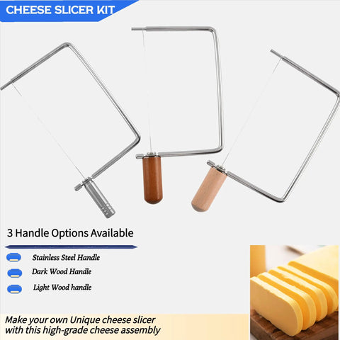 Top Shelf Cheese Slicer Hardware Kit With Stainless Steel Cutters And Beechwood Handles A Total Game Changer For DIY Artisan Boards And Sweet Kitchen Gift Set Of Two Pieces with three handle options.