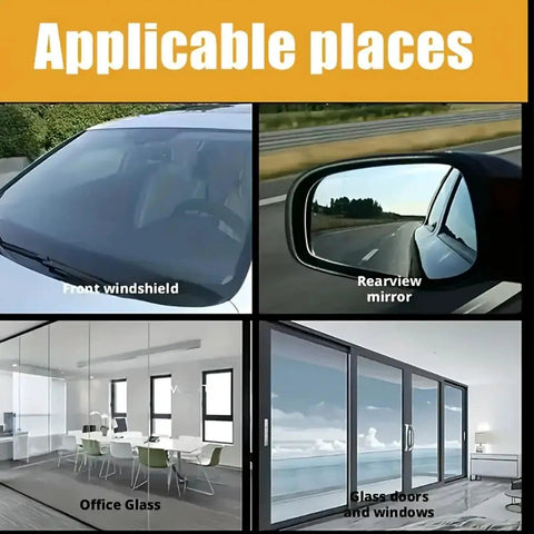 Image showing applicable places for Scratch Remover Kit: front windshield, rearview mirror, office glass, glass doors and windows.