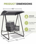 Porch Swing With Stand And Canopy For Outdoors All Weather Heavy Duty Swing Chair With 400 Lb Capacity, dimensions labeled.