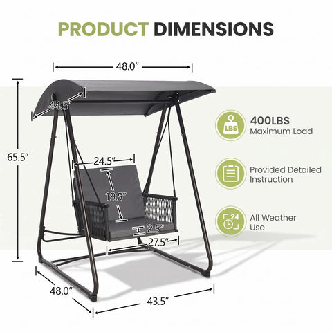 Porch Swing With Stand And Canopy For Outdoors All Weather Heavy Duty Swing Chair With 400 Lb Capacity, dimensions labeled.