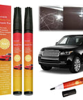 Black Car Scratch Repair Pen Quick Fix for Light Scratches Swirl Marks and Scuffs Portable Touch Up Paint Pen for Cars Weatherproof Seamless Finish 2 Pack, shown with product packaging and application examples on a car.