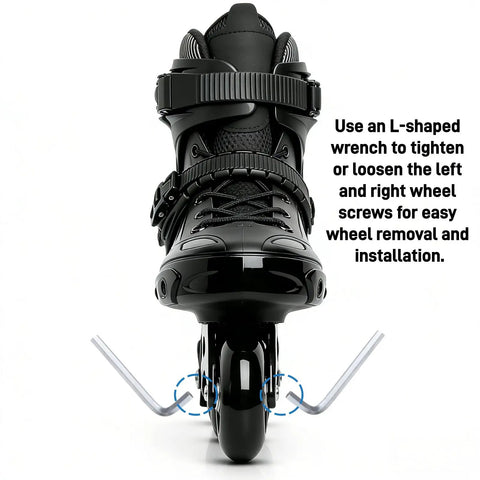 Inline skate showing front view with text about using an L-shaped wrench for wheel adjustment.