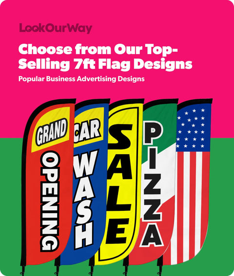 Colorful 7ft advertising feather flags with designs for grand opening, car wash, sale, pizza, and American flag