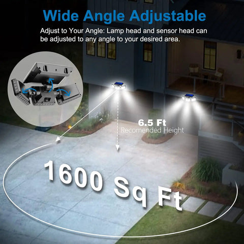 Diagram showing solar motion sensor flood lights outdoors three head design illuminating 1600 sq ft area with wide angle coverage.