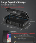 Portable Safe Box With Combo Lock, Waterproof Anti Theft Security Case, Mini Travel Safe With Removable Chain, open view showing dimensions.