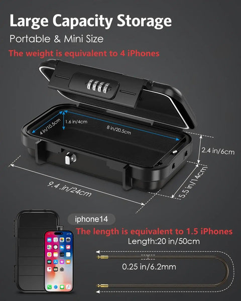 Portable Safe Box With Combo Lock, Waterproof Anti Theft Security Case, Mini Travel Safe With Removable Chain, open view showing dimensions.