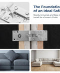 Interlocking Alligator Couch Connector 6 Pack with screws for sectional sofas, shown installed on a wood frame for stability.