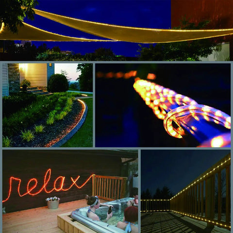 Collage of 33ft Flat Flexible LED Rope Lights with Remote Control Color Changing RGB Strip 8 Colors and Modes Dimmable Waterproof Lighting