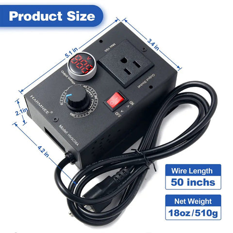 AC Motor Speed Controller 110-120V 10A Rated 15A Max With LED Display Black Matte Metal Shell showcasing size dimensions