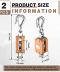 Two Pack Four Inch Wood Manila Rope Pulley Block With Hook Single Wheel Cable Pulley Half Inch Rope Two And A Quarter Inch Sheave 1000 Lbs WLL For Light Industrial Construction And Marine Projects, showing product size details